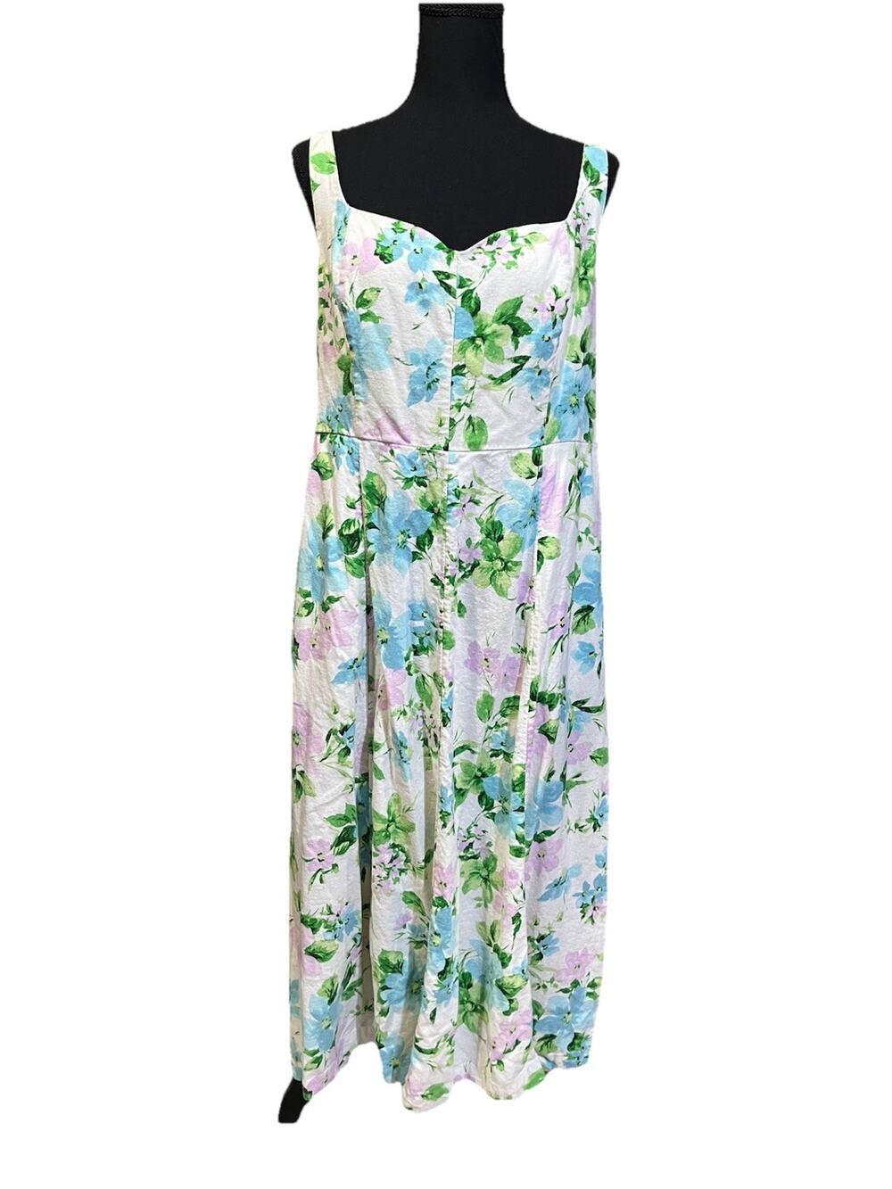 Old Navy Women Linen Blend Fit & Flare Floral Midi Dress XL Cottagecore Feminine